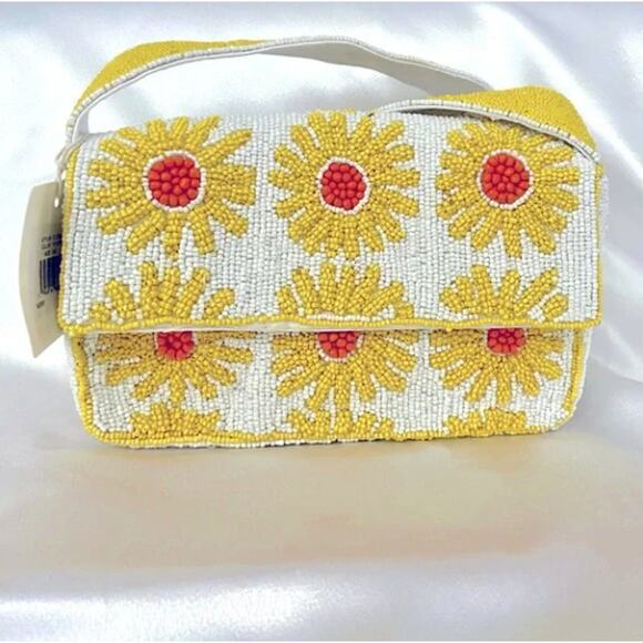 SOL AND MER Beaded Sunflower Daisy Floral Baguette Bag Yellow NWT TikTok Viral - Picture 2 of 4